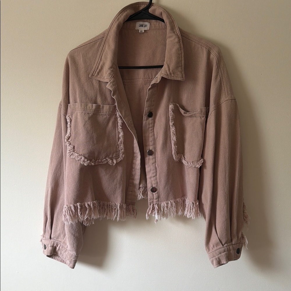 Lane 201 Blush Fringe-Cuff Cropped Jean Jacket